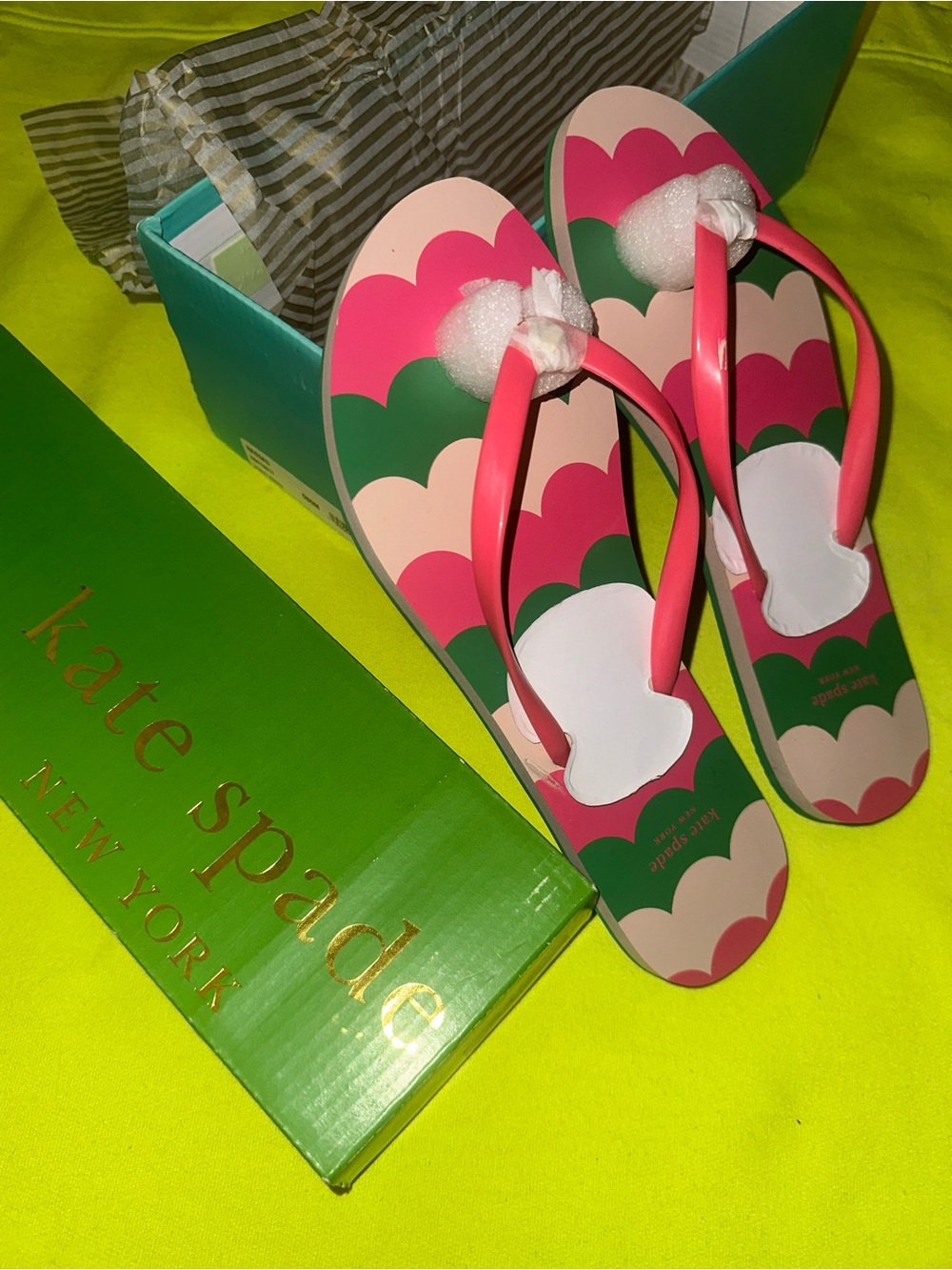 kate spade Pink, Green & Cream Scallop Flip Flops